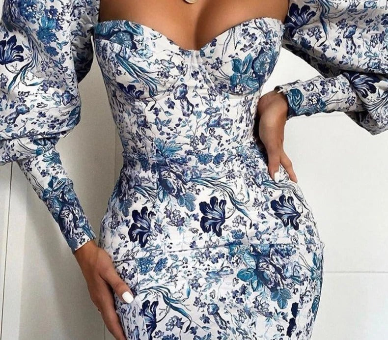 Printed Bubble Sleeve Dress
