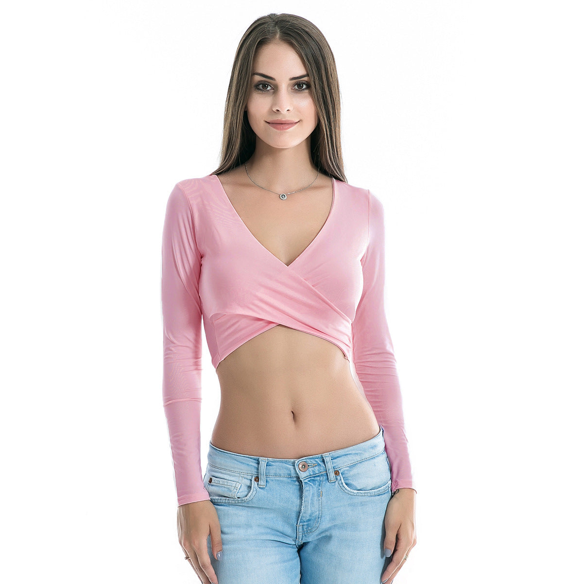 USA SIZE Europe and the United States long-sleeved sexy strap V-neck top