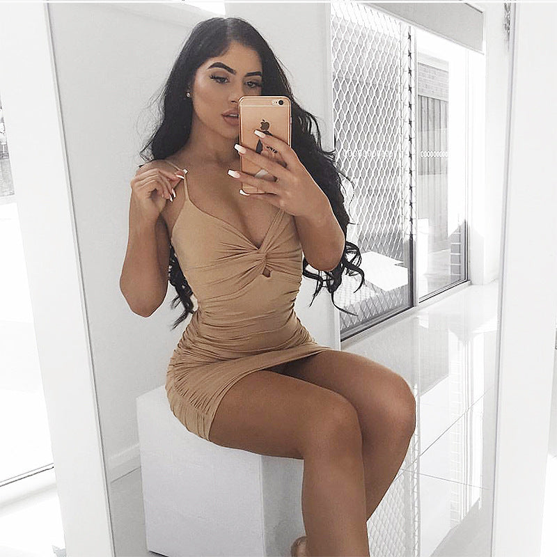 Pleated Skinny Dress Deep V-Neck