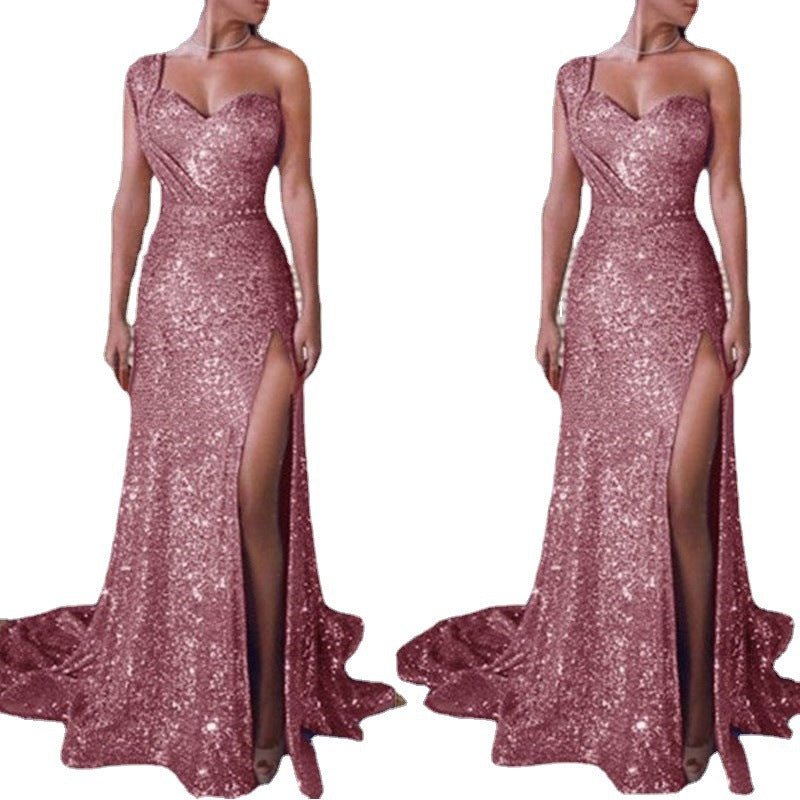 One-shoulder Glitter Split Dress