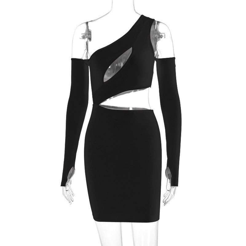 Sexy Slanted Shoulder Hollow Long Sleeve Finger Sleeve Dress