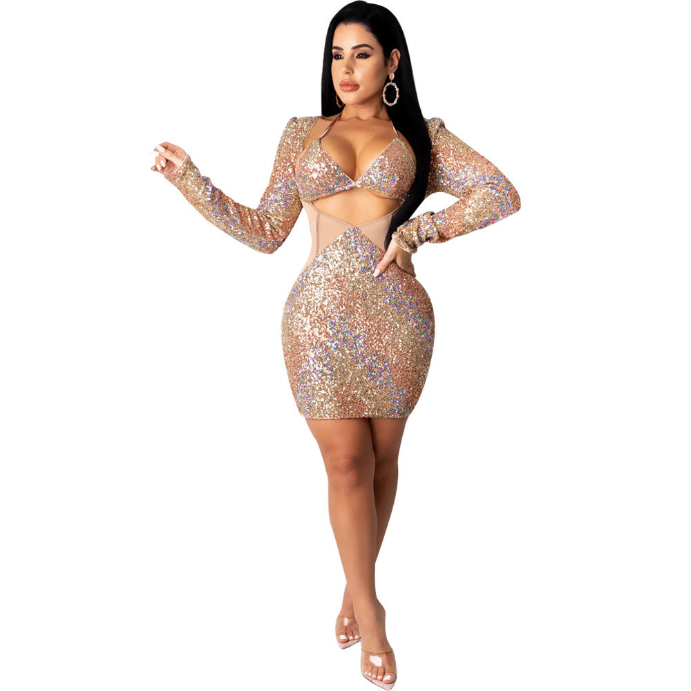 Commuter Print Sequined Long Sleeve Dress