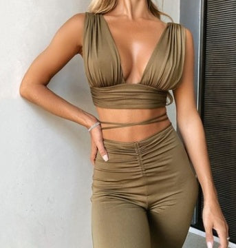 Chest-Wrapped Open-Back Umbilical Top High-Waist Lace-Up Pants Suit