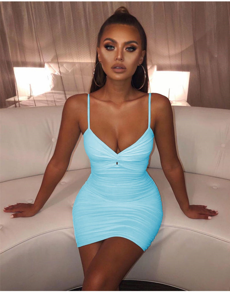 Pleated Skinny Dress Deep V-Neck