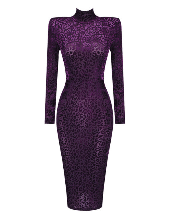 High Collar Long Sleeve Nightclub Velvet Burnt Flower Padded Shoulder Dress