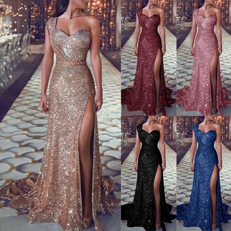 One-shoulder Glitter Split Dress
