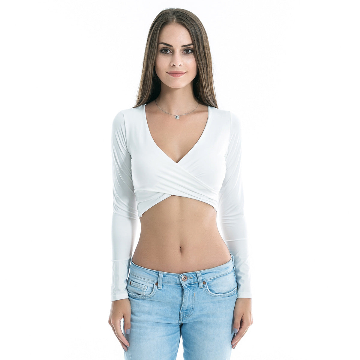USA SIZE Europe and the United States long-sleeved sexy strap V-neck top