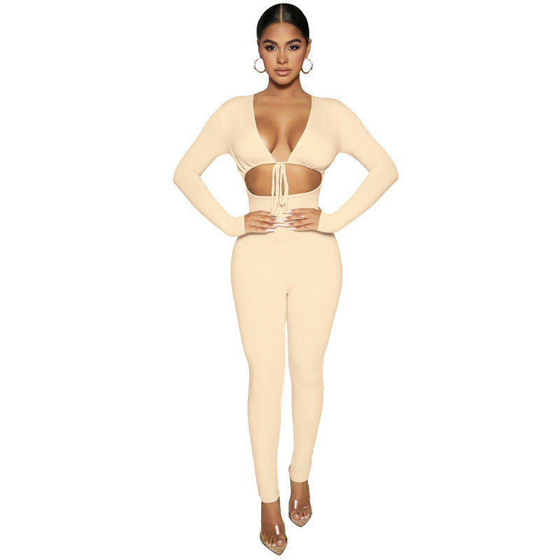 Solid Color Sexy Lace-up Hollow Long-sleeved Skinny Jumpsuit