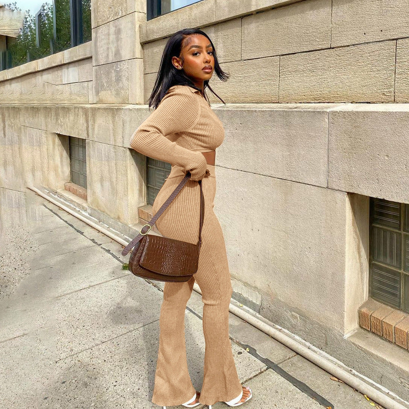 2 Piece V-Neck Top And High Waist Flare Pants Set