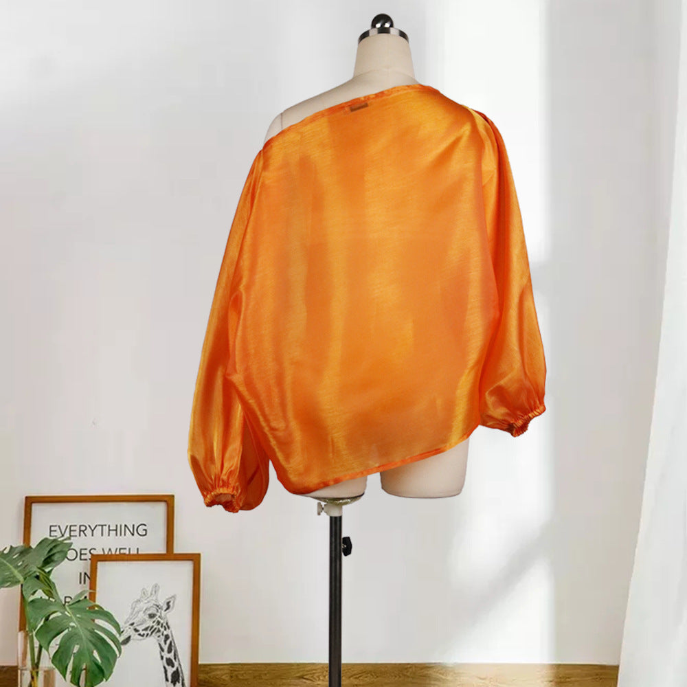 Sexy Sloping Shoulder Lantern Sleeves Plus Size Commuter Loose Casual All-match Shirt Top Women