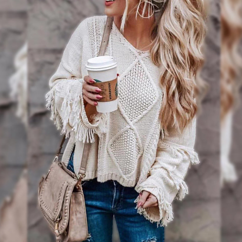 Europe and the United States new sweater round neck long-sleeved tassel solid color sweater shirt women