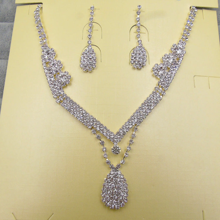 Europe And The United States Foreign Trade Drill Water Drop Shape Bridal Necklace, Earrings Set Wedding Jewelry Wedding Accessories Wholesale