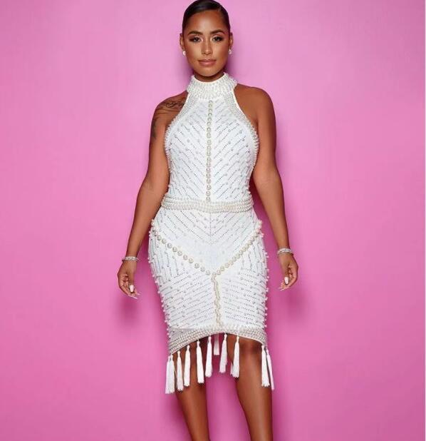 High neck sleeveless beaded fringe skirt