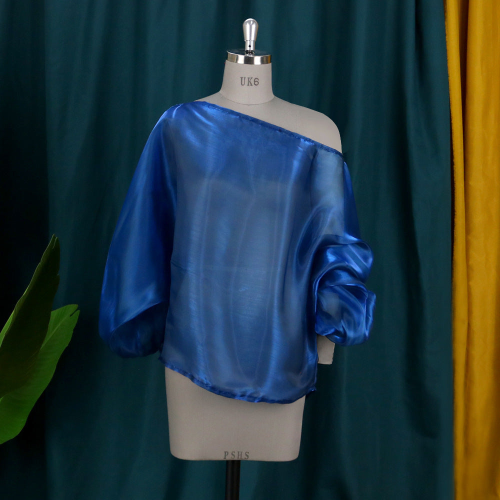 Sexy Sloping Shoulder Lantern Sleeves Plus Size Commuter Loose Casual All-match Shirt Top Women