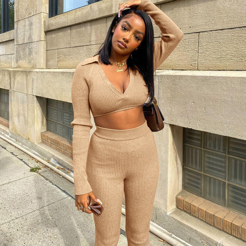 2 Piece V-Neck Top And High Waist Flare Pants Set