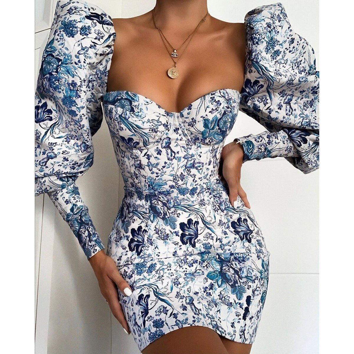 Printed Bubble Sleeve Dress