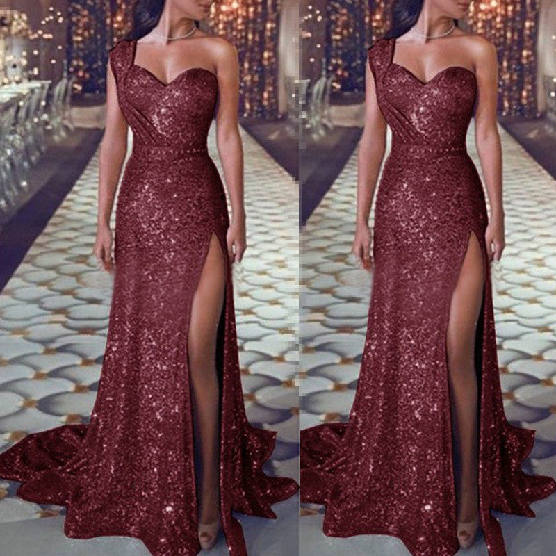 One-shoulder Glitter Split Dress