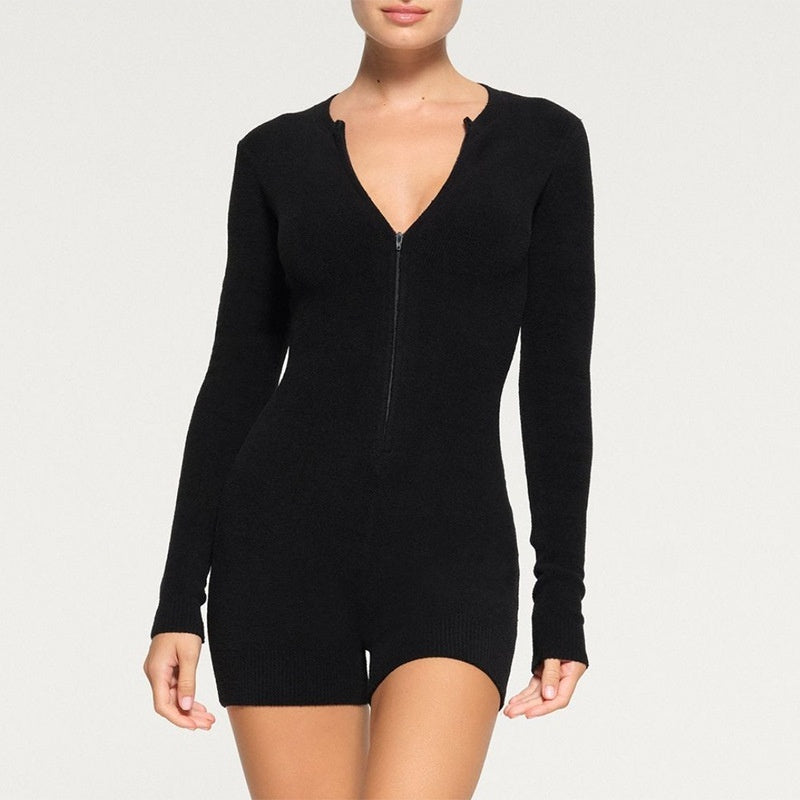 Winter New Long Sleeve Solid Color Zipper Skinny Knit Sweater Jumpsuit