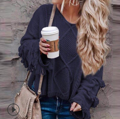 Europe and the United States new sweater round neck long-sleeved tassel solid color sweater shirt women