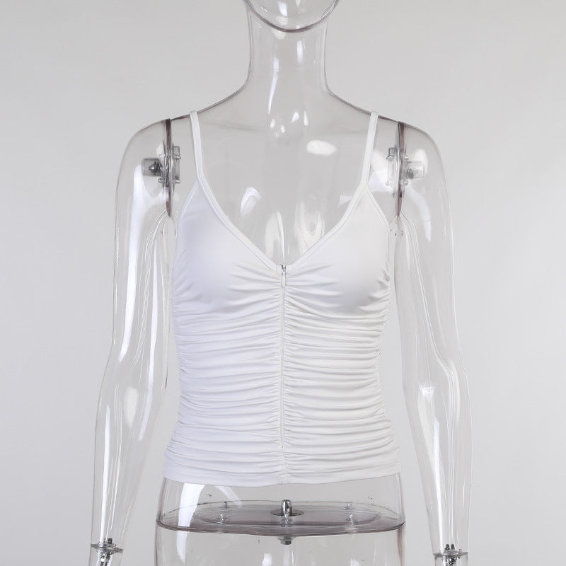 Sexy Slim Solid Color Vest U-Neck Pleated Zipper Small Sling Women