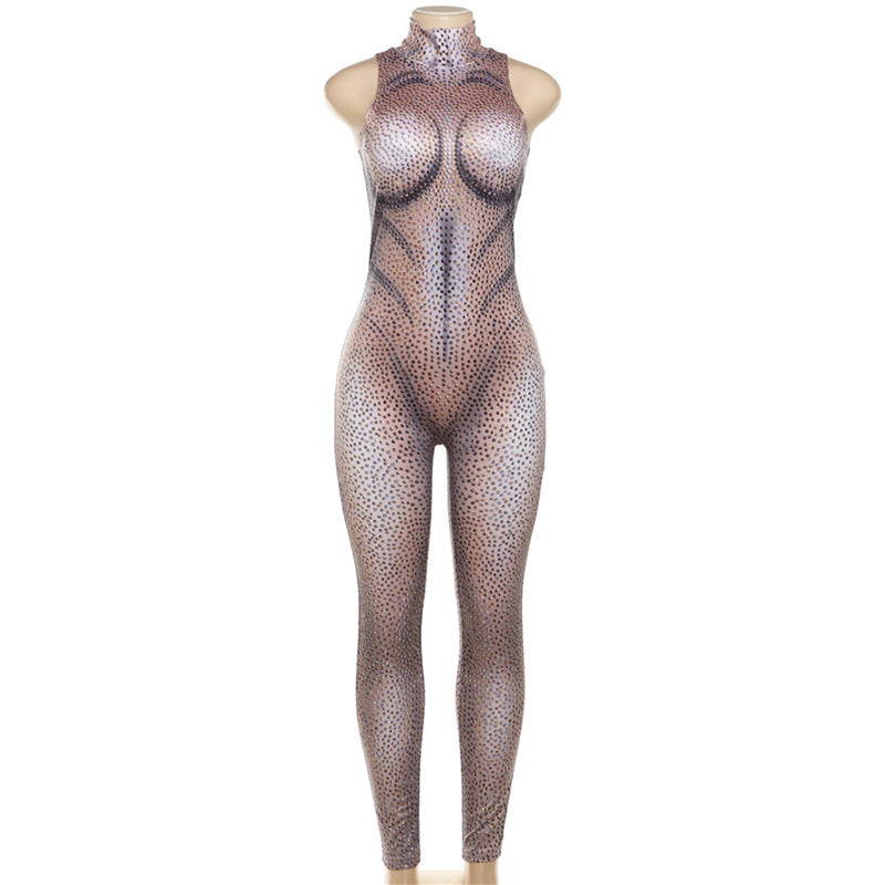 European And American Style Fashion Personality Street Digital Printed Sexy Sleeveless Tight Jumpsuit