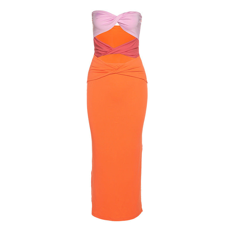 Fashion Wrap Chest Oneshoulder Slim Hollow Contrast Color Dress