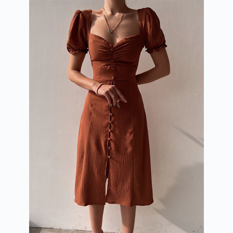 V-neck Single Breasted Mid Length Dress