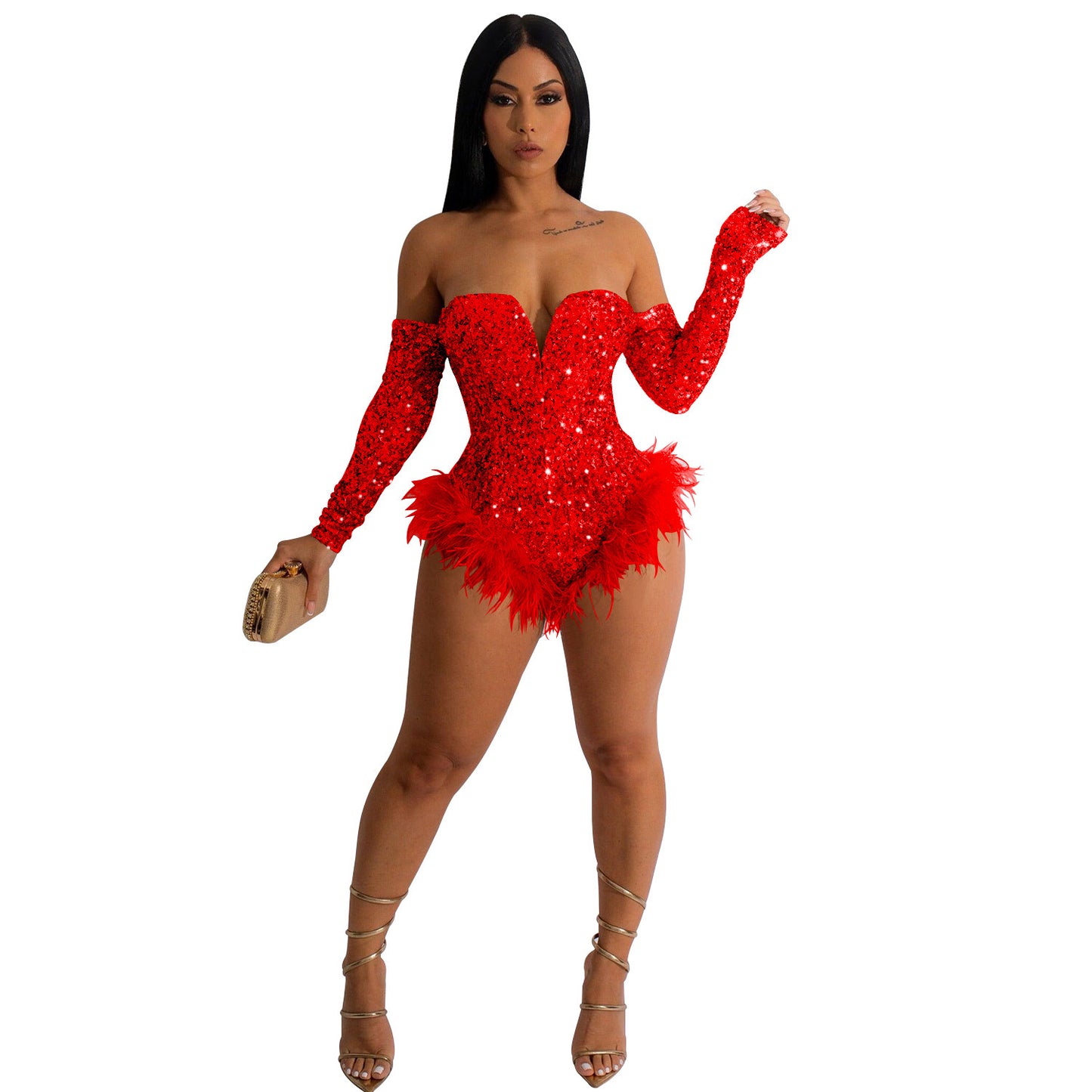 Women's Solid Color Beaded Long Sleeved Shorts Jumpsuit