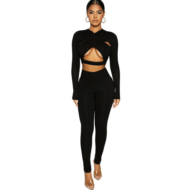 Hollow Cross Solid Color Long Sleeved High Waist Skinny Sports And Leisure Suit