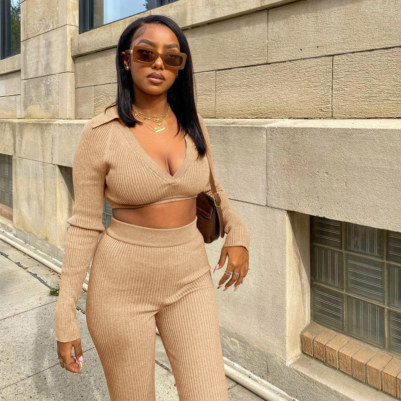 2 Piece V-Neck Top And High Waist Flare Pants Set