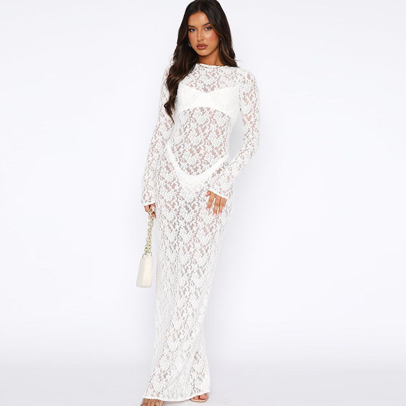 Women's Solid Color Lace See-through Long Sleeve Mid-length Dress