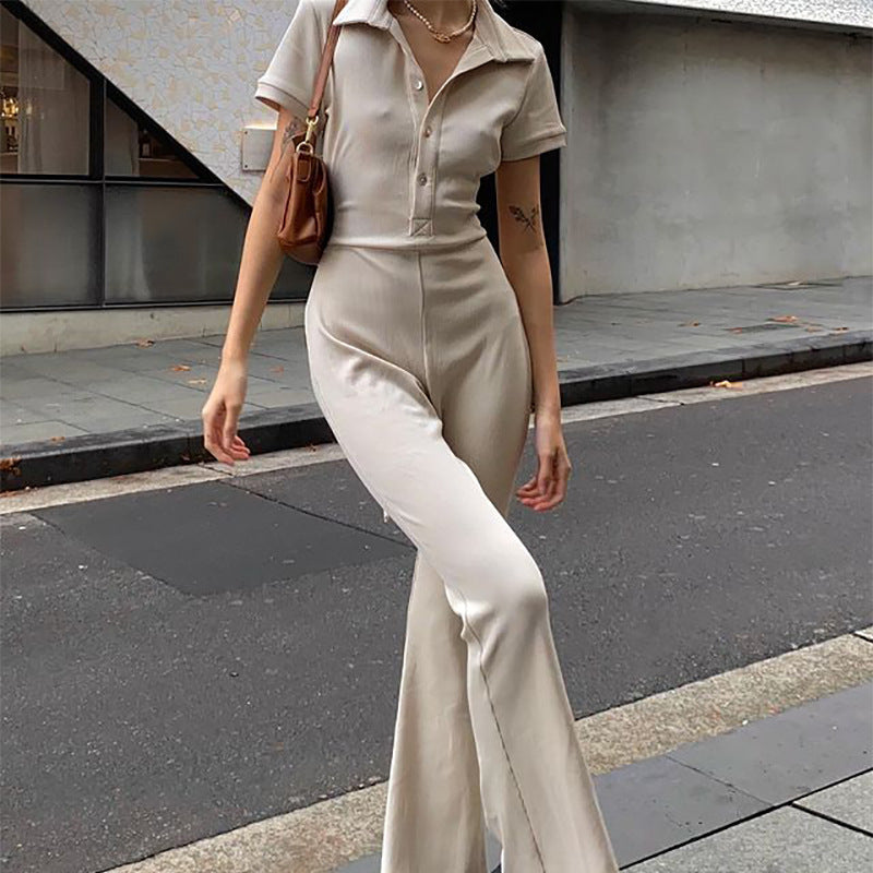 Women's Skinny Backless Lapel Button Jumpsuit