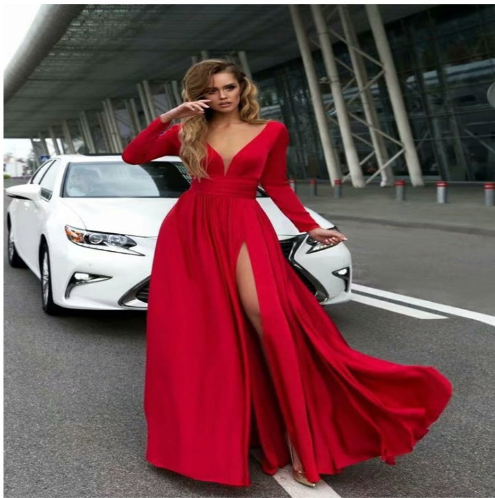 New solid color high slit big swing dress sexy deep V long sleeve dress