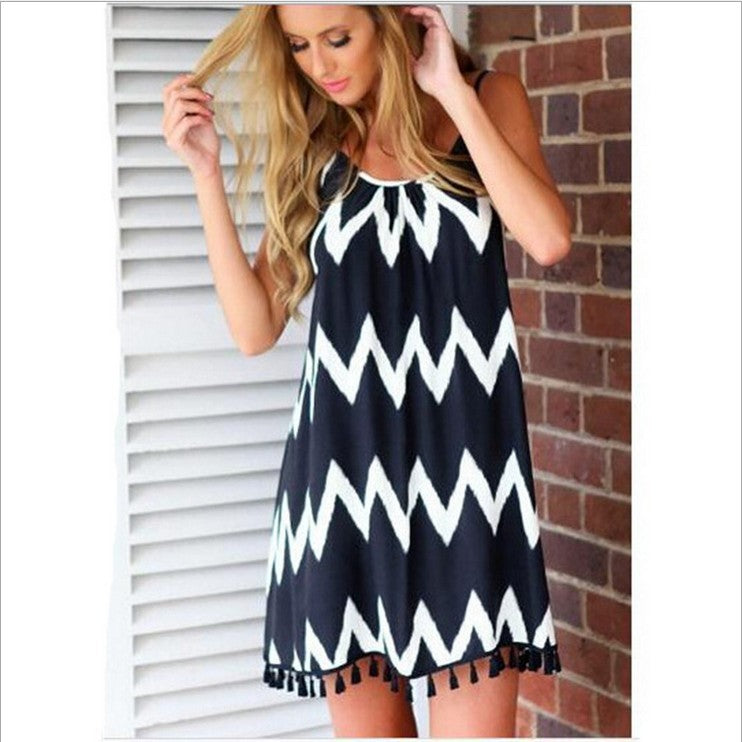 Europe and the United States summer new wave pattern tassel Sling Dress