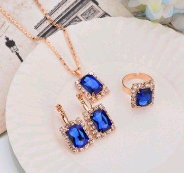 Europe And The United States Personalized Water Drop Color Diamond Necklace, Earrings, Rings Set, Shiny High-end Bridal Jewelry Wholesale