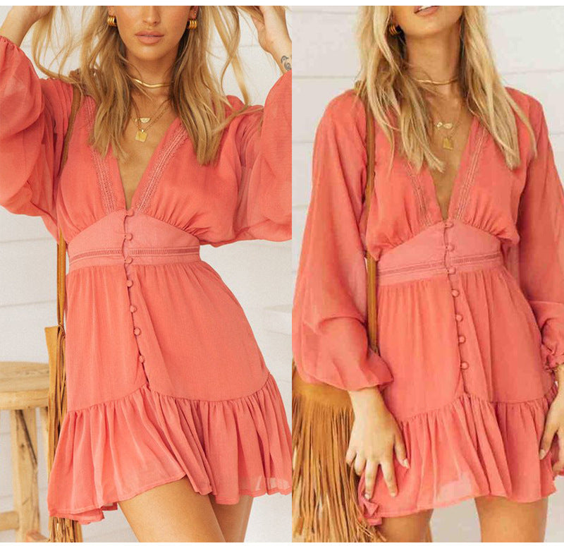 Chiffon V-neck lantern sleeve long-sleeved dress