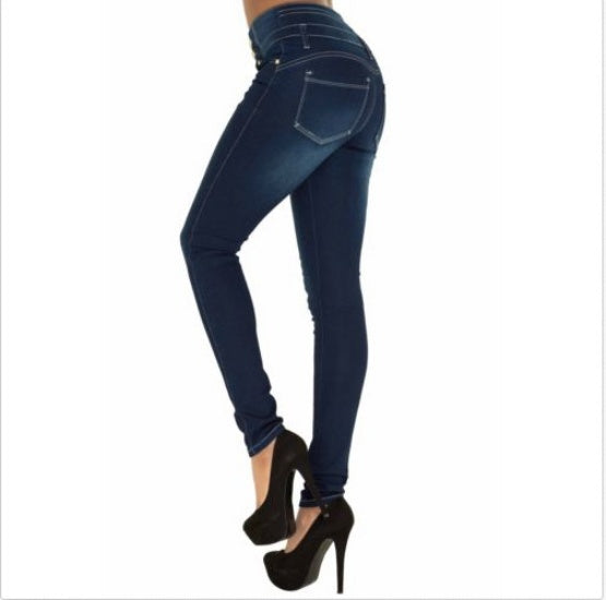 Europe and the United States Ebay explosion models WISH spring women's high waist and more buttonholes Slim stretch large size feet jeans women