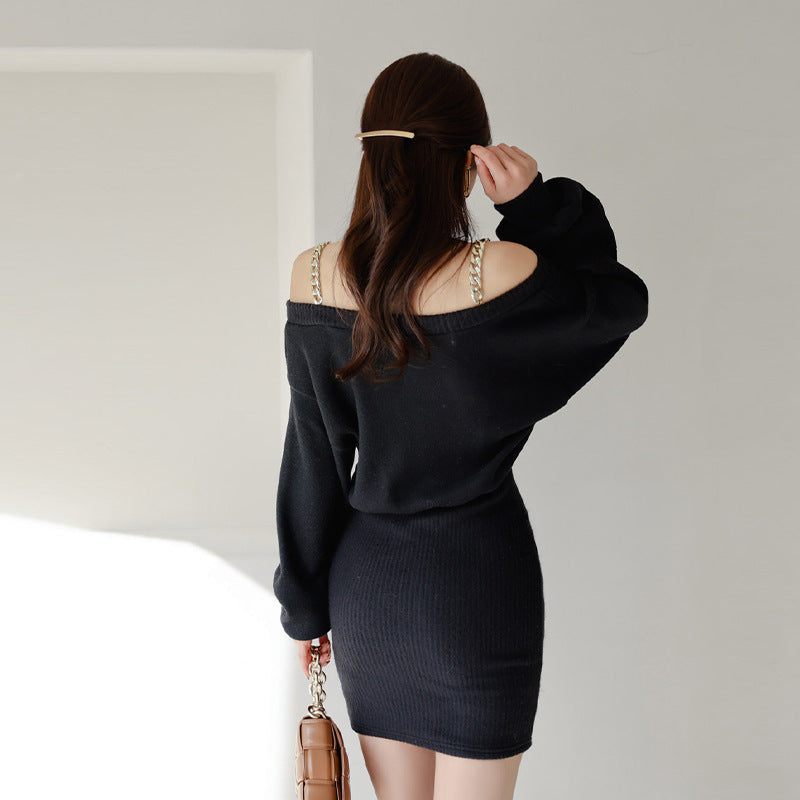 One Word Neck Loose Bat Sleeve Bag Hip Sling Dress Women