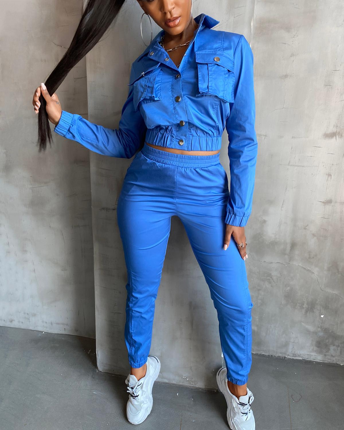 Skinny Denim Contrast Rivet Long-sleeved Pants Suit