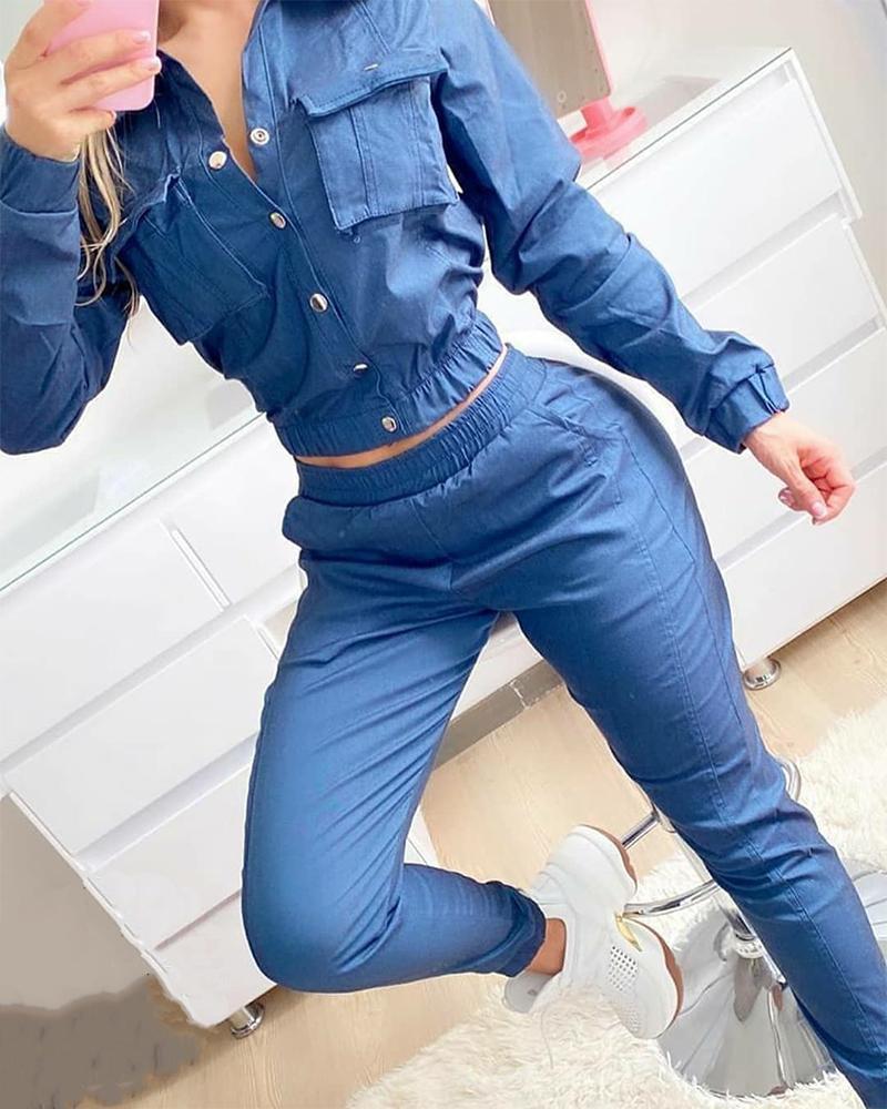 Skinny Denim Contrast Rivet Long-sleeved Pants Suit