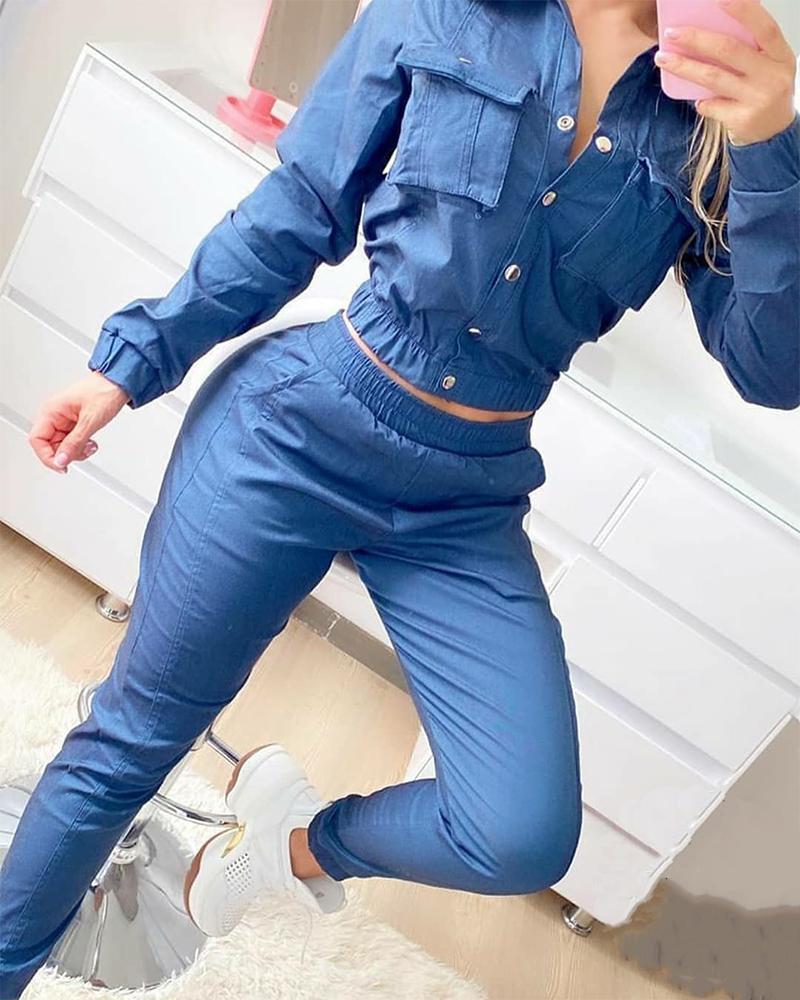 Skinny Denim Contrast Rivet Long-sleeved Pants Suit