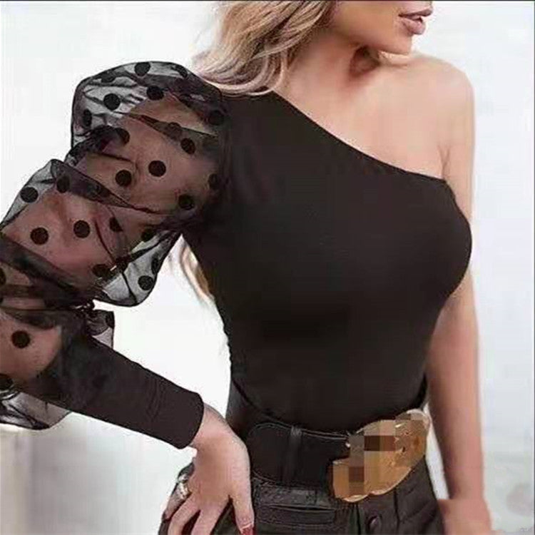 Summer Women Sexy Mesh Tshirt Spring Pullover Top Tees One Shoulder Black Polka Dot Top Tees T-shirts Women