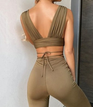 Chest-Wrapped Open-Back Umbilical Top High-Waist Lace-Up Pants Suit