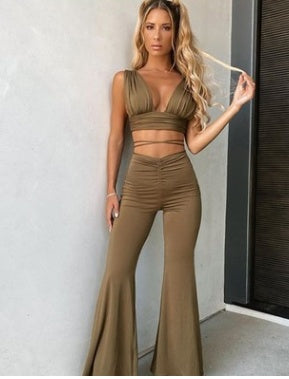 Chest-Wrapped Open-Back Umbilical Top High-Waist Lace-Up Pants Suit