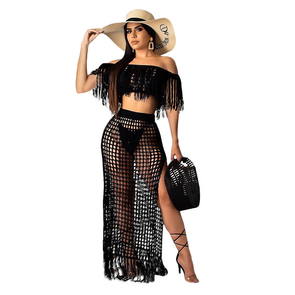 Cutout sexy fashion grid tassel perspective two-piece suit female