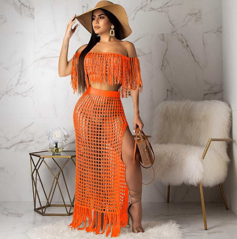 Cutout sexy fashion grid tassel perspective two-piece suit female