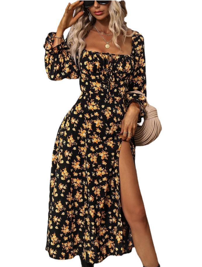 Women's Printing Long Sleeve Square-neck Bottom Slit Dress