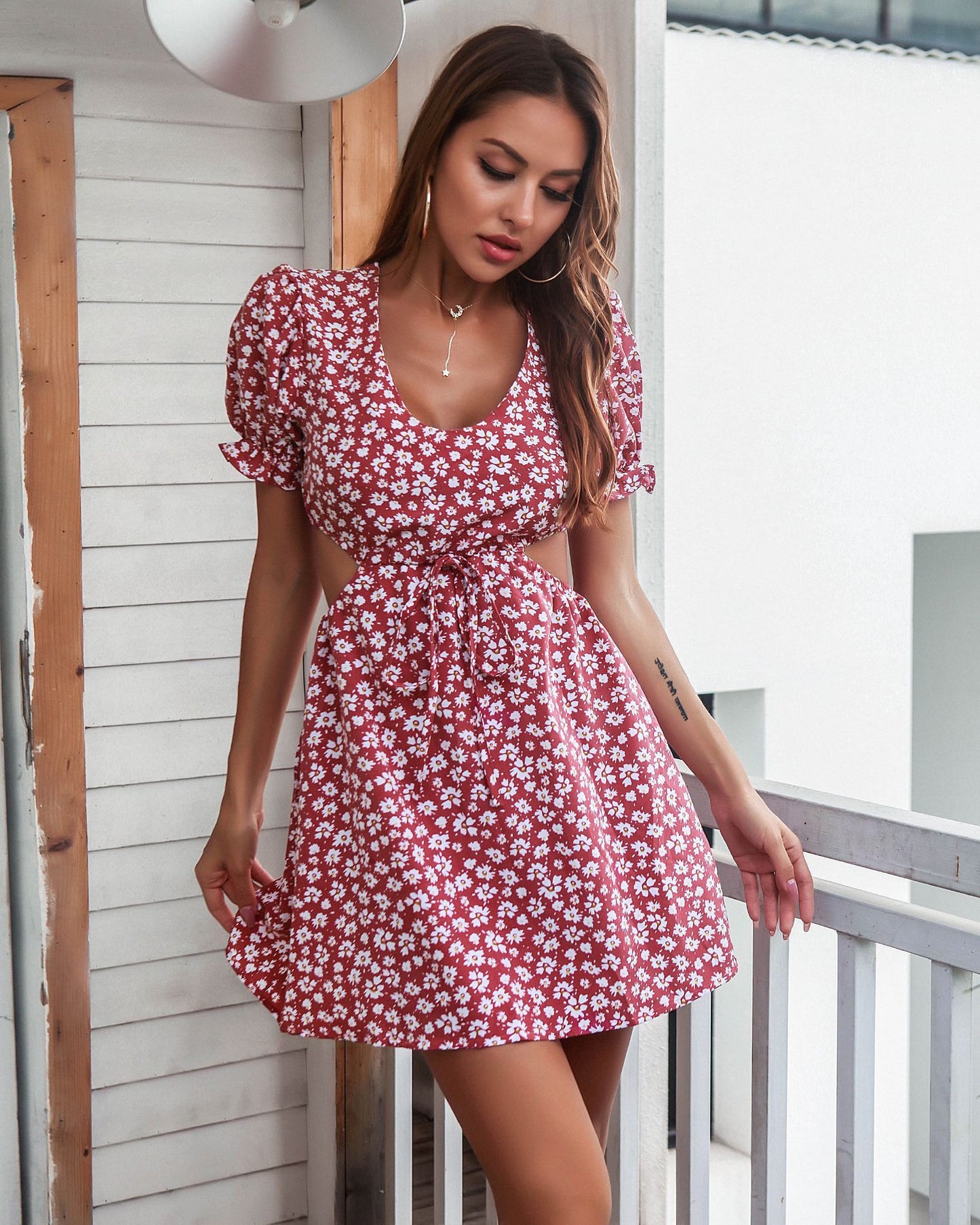 Puff Sleeve Midriff Outfit Floral Dress