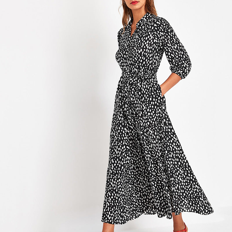 Polka dot print lace-up pocket dress