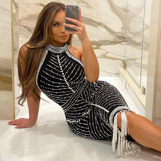 High neck sleeveless beaded fringe skirt